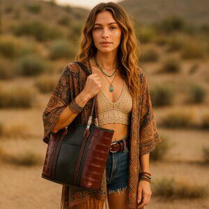 Brighton Two-Tone Leather Tote with Braided Handles & Silver-Tone Accents